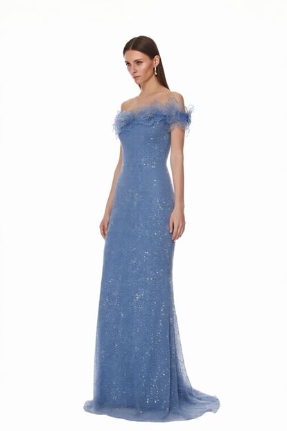 Mavi Çiçek Nakışlı Payetli Abiye Elbise